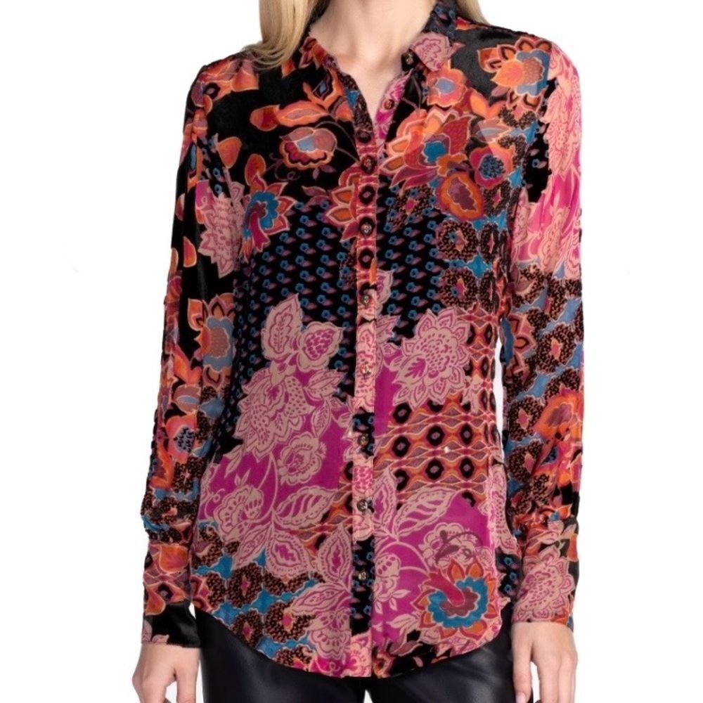 NEW Johnny Was Yrene Burnout Blouse Alvarado w/ Tank Top Velvet Silk Black Sz S